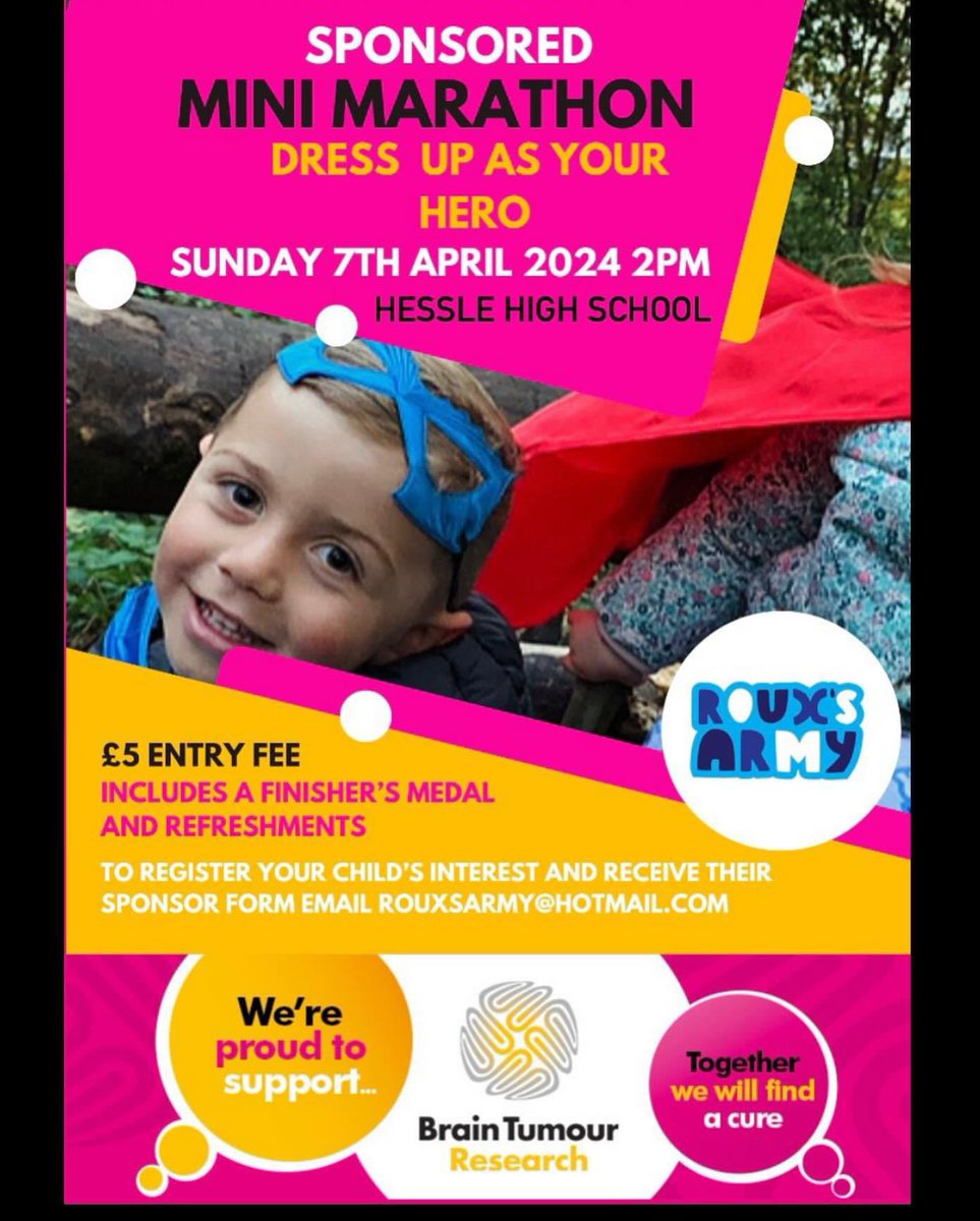 Join us at the Mini Marathon on SUNDAY, APRIL 7TH, 2024, 2 PM at Hessle High School! Register your child's interest today at rouxsarmy@hotmail.com. Let's run together towards a cure🎗️ @braintumourrsch 
#MiniMarathon #RouxsArmy #BrainTumourResearch #SupportTheCause #TheCoffeeTrail
