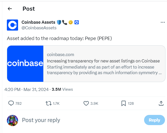 PepeCZBinance's tweet photo. $PEPE listing on Coinbase in April was inevitable 🐸🤝🛡️ https://t.co/4AQePfJOmh