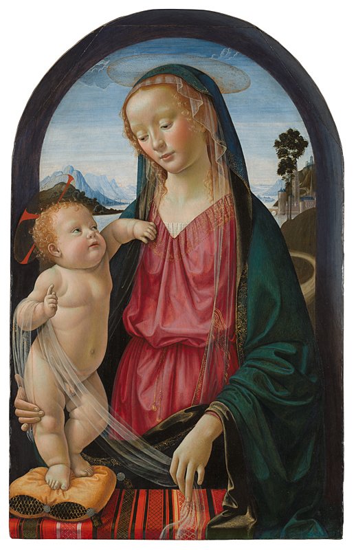 Madonna z Dzieciątkiem
1470r. 89x58cm
Domenico #Ghirlandaio

Jezus spogląda na Matkę podnosząc palec wskazujący prawej ręki, jakby głosił kazanie, co wskazuje na jego boski autorytet. Płaszcz Maryi pierwotnie bardziej niebieski, ale pigment, azuryt, zmienił się z czasem.

Londyn