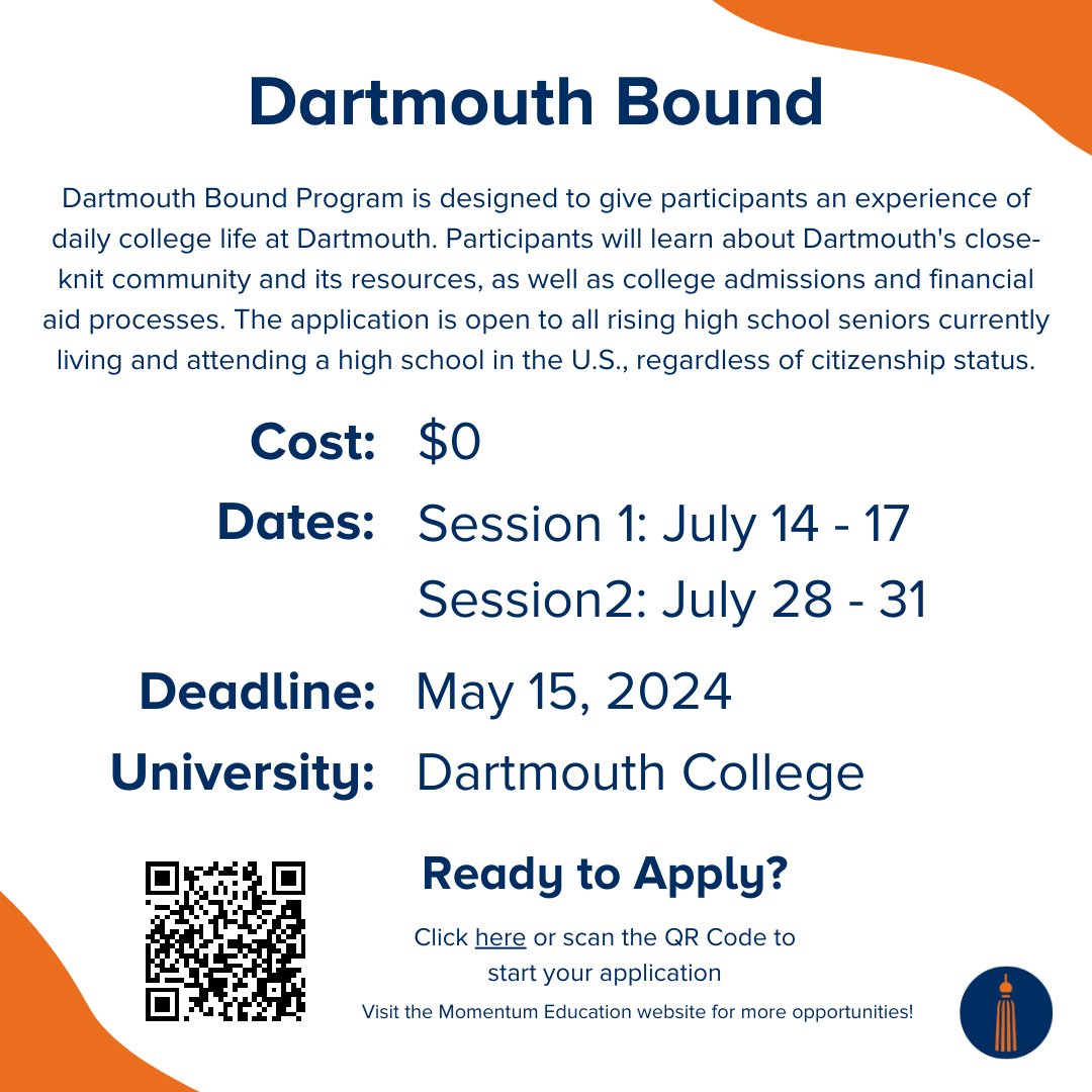 Momentum Education (@momentumedutx) on Twitter photo Class of 2025: We're excited to share that Dartmouth Bound is open and accepting applications! If you are interested in learning more about student life at <a href="/dartmouth/">Dartmouth π²</a>, don't miss out on this opportunity! Apply using the link in our bio! #OneMomentumFamily Class of 2025: We're excited to share that Dartmouth Bound is open and accepting applications! If you are interested in learning more about student life at <a href="/dartmouth/">Dartmouth π²</a>, don't miss out on this opportunity! Apply using the link in our bio! #OneMomentumFamily