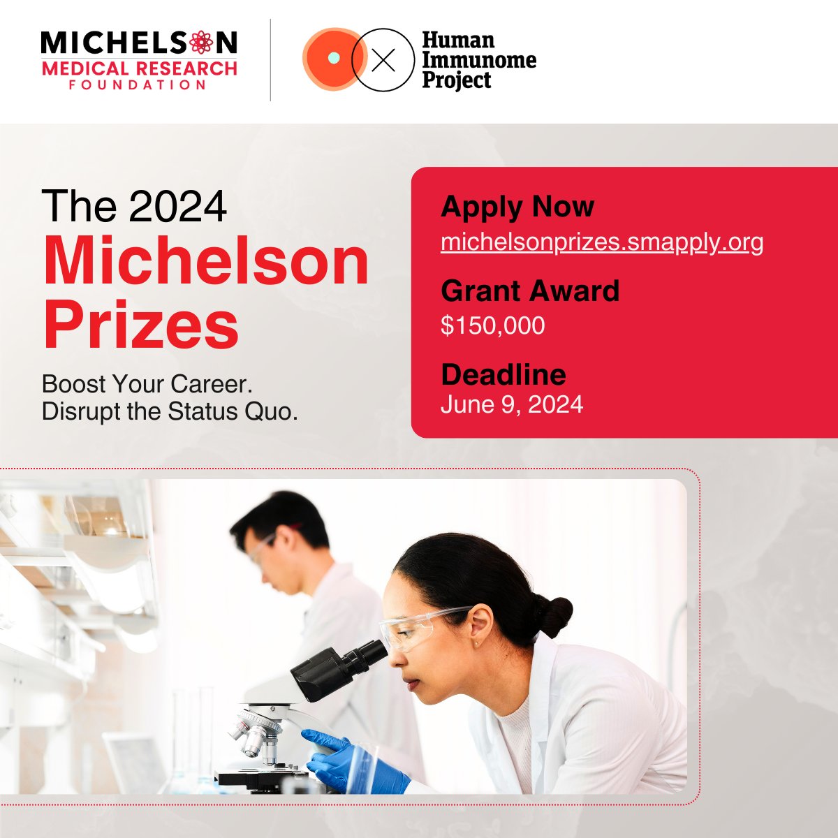 Apply now for the 2024 #MichelsonPrizes: Next Generation Grants! The $150,000 awards support early-career researchers in their efforts to transform human #immunology, vaccine discovery, and immunotherapy research. Submit your two-page research proposal today: