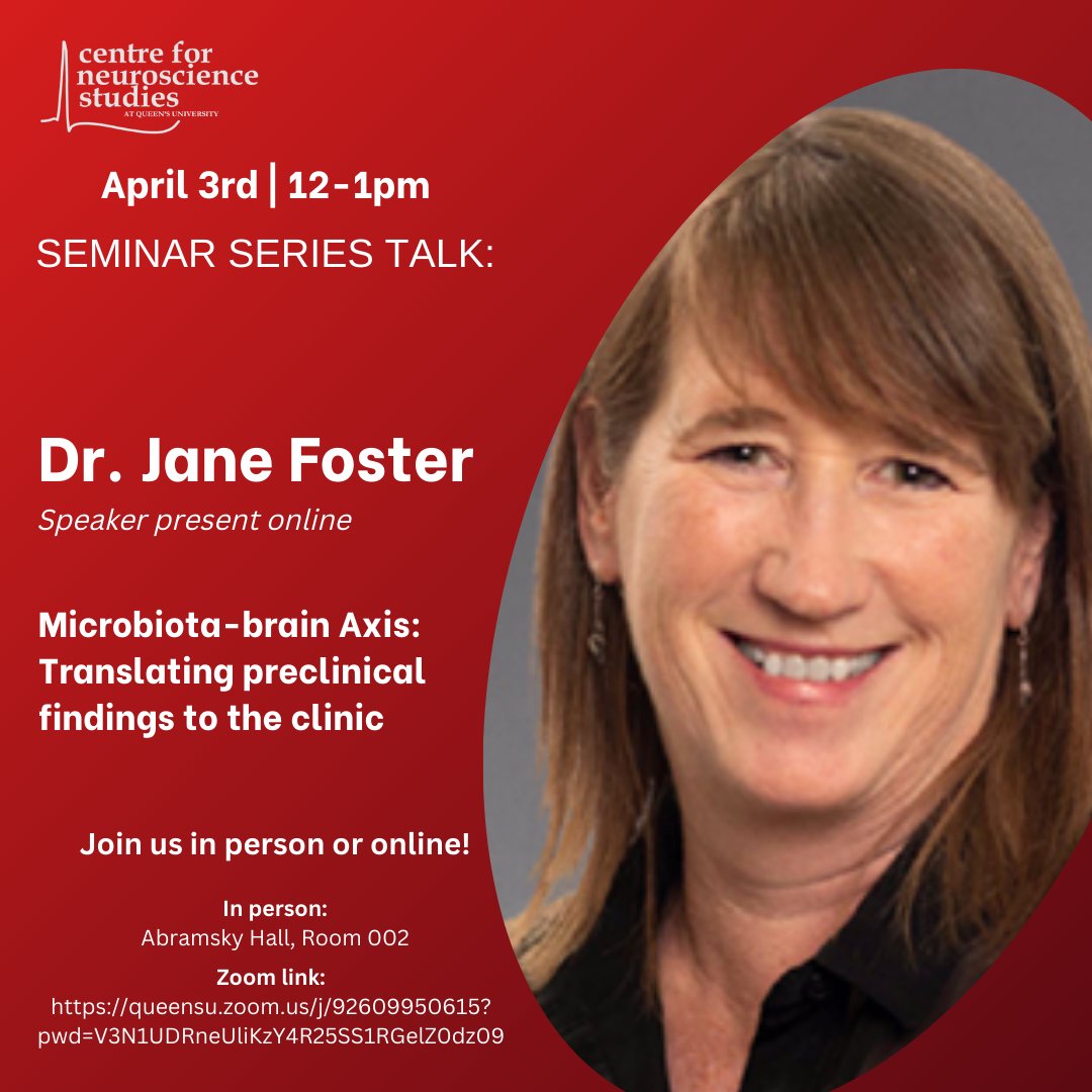 Neuroscience at Queen's University (@queensu_cns) on Twitter photo Coming up this week--Dr. Jane Foster from UT Southwestern Medical Center <a href="/utswnews/">UTSW Media Relations</a> will be chatting at seminar series about translating lab-based findings to the clinic from her own program of research on the microbiota-brain axis! Join us in person or online (link in our bio). Coming up this week--Dr. Jane Foster from UT Southwestern Medical Center <a href="/utswnews/">UTSW Media Relations</a> will be chatting at seminar series about translating lab-based findings to the clinic from her own program of research on the microbiota-brain axis! Join us in person or online (link in our bio).