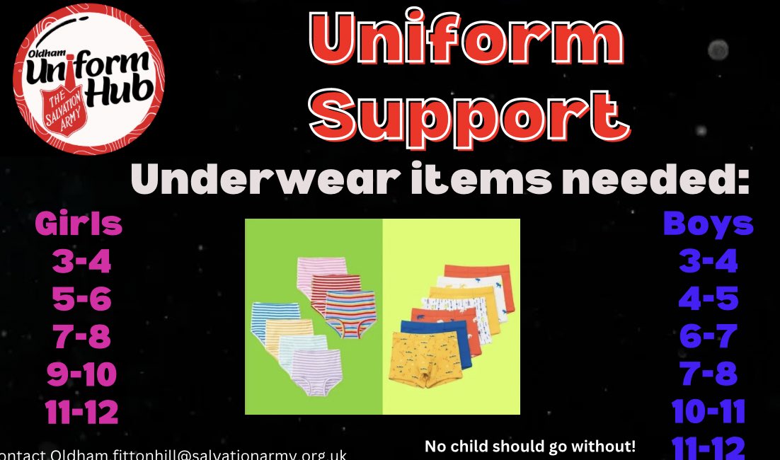 We are looking for support for our School Uniform Hub. Can you donate some yellow polo shirts or underwear. Can you ask your friends, family & colleagues to help? #oldhamhour @shah_arooj @kidella @KellyTattersall @jamesATFoldham @FrankFromOldham @k4shf @hil3494 PLEASE RT.