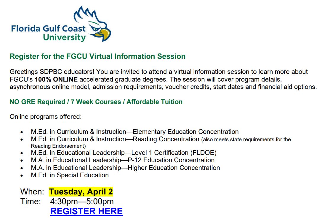 Future School Leaders, check out tomorrow's Informational Session offered by our business partner @fgcu! The session will outline the multiple online leadership options available. Click here to register for tomorrow's ZOOM session: academicpartnerships.zoom.us/webinar/regist…