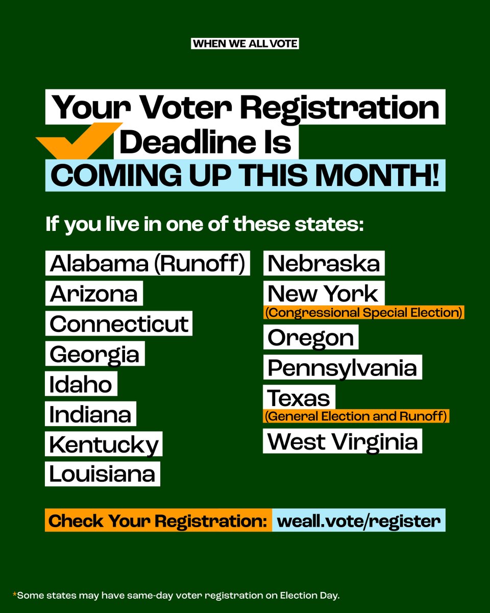 April showers 🌧️ bring May flowers 💐, and April registrations bring 2024 voters! 🗳️ If your state is listed below, your voter registration deadline is coming up THIS month. Register to vote in time for this year’s elections at weall.vote/register!