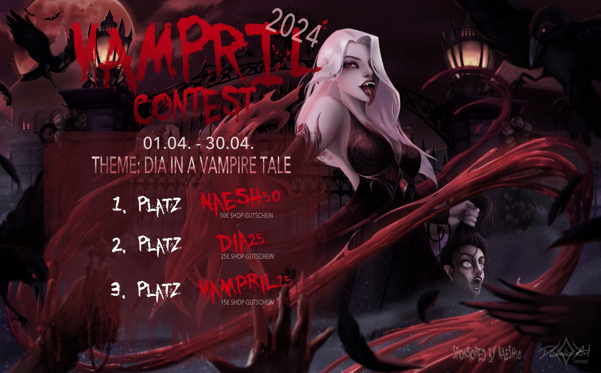 Aufgepasst, anlässlich zum 2. Jährigen Bestehen meines Twitch-Kanals und des Vamprils veranstalten wir meinen ersten Art-Contest! 
Jeder ist eingeladen, teilzunehmen.
Weitere Infos auf diabolicart.de/vampril-2024/ 
HAPPY VAMPRIL und lasst euch nicht beißen!
#vampril #artcontest
