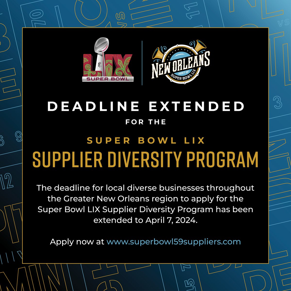 The application deadline for the Super Bowl LIX Supplier Diversity Program has been extended to APRIL 7! This is the last call for local diverse businesses throughout the 10-parish Greater New Orleans region to apply for the program. 🚨 Apply now at superbowl59suppliers.com