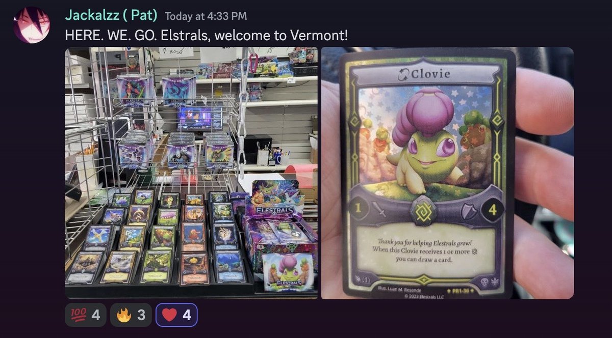 aDrive_tK's tweet photo. ITS TIME! @Elestrals have begun appearing in Local Game Stores!

Shoutout to Pixels &amp; Bricks in Randolph, Vermont for being one of the first stores in the world to carry Elestrals!

If you live nearby, definitely swing by to grab a 💫Stellar Clovie! https://t.co/elABnYfdvS