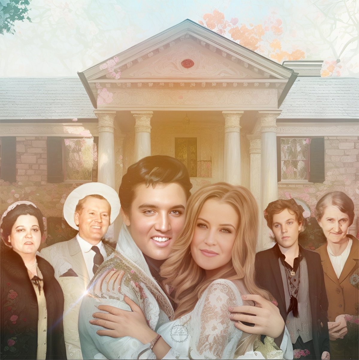 Something I made for Elvis and his family with help of AI. The sunblast represents Elvis' twin Jesse. They are missed.  #elvispresleyfan #elvisforever #elvis #elvispresley #lisamarie #LisaMariePresley #benjaminkeough #minniemae #vernonpresley #gladyspresley #graceland #rip