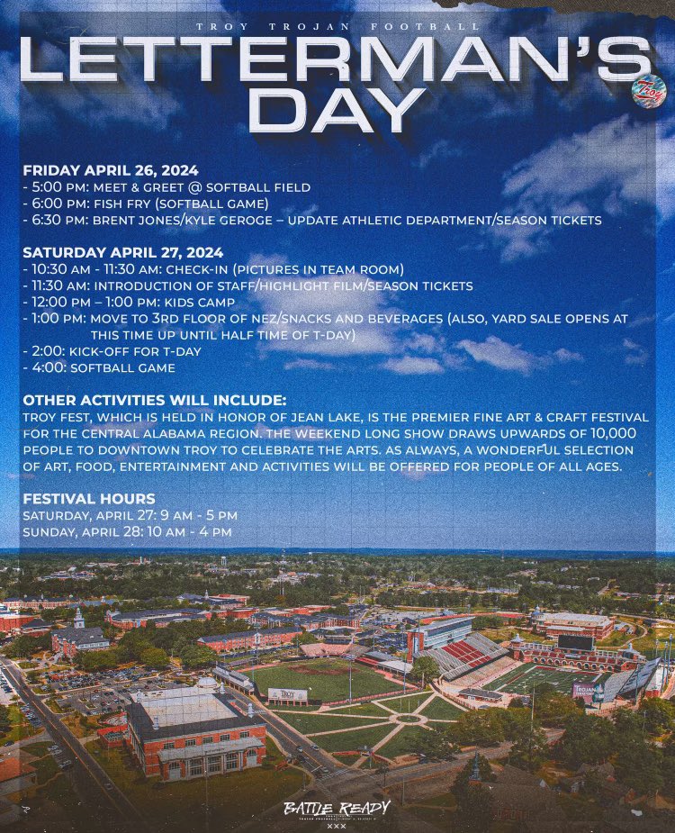We would love to see all my former teammates and letterman’s come to our Letterman’s Day!! We will kick off the festivities with a Meet &amp; Greet following the Fish Fry on Apr. 26!! Go Trojans⚔️ #BattleReady