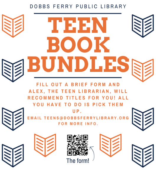 Teens: get a Book Bundle!

Fill  out a brief form here: forms.gle/PRSMQ2whkpsmQg… and Alex,  the teen librarian, will recommend titles for you! All you have to do is  pick them up.

Email teens@dobbsferrylibrary.org for more info.

#teens #books #amreading #reading #bookbundle