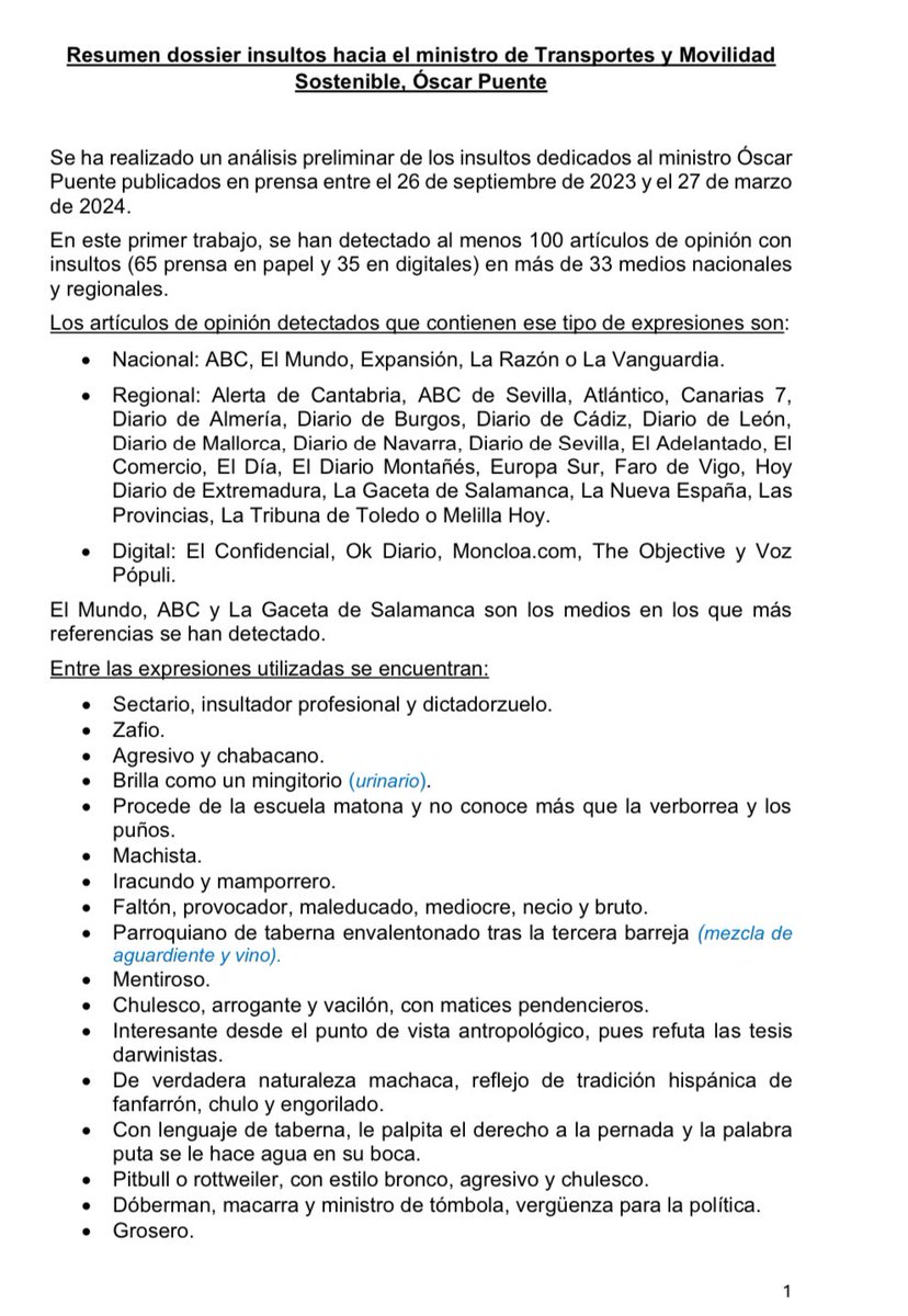 oscar_puente_'s tweet photo. 2.- De momento el listado de insultos sin repetir, ocupa 3 folios. Los medios en los que se profieren los insultos…ninguna sorpresa. Solo se han computado medíos escritos, ni radiofónicos, ni televisivos. Es decir, medios en los que el insulto requiere una reflexión previa. https://t.co/OEMKn6wEZV