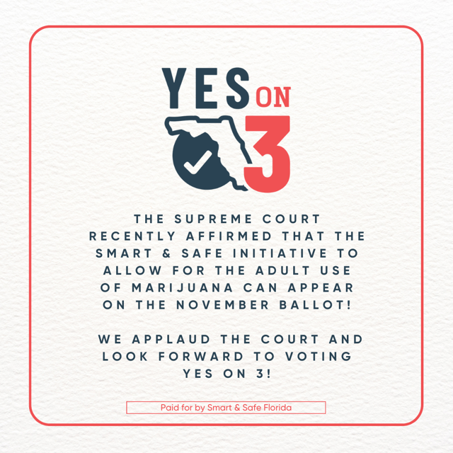 We’re proud supporters of the @SmartandSafeFl initiative and thrilled to see adult-use cannabis officially on Florida’s ballot in November! Let’s take it home and vote #YesOn3! 💚🎉