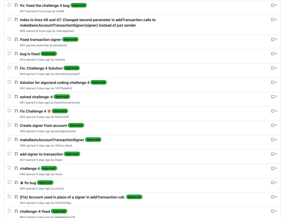chriskim_dev's tweet image. The 4th #AlgoCodingChallenge submissions are all reviewed! Sorry for the delay devs 🙏

This challenge is live till next week Tuesday and there are more certificates to be claimed! Fix the 🐞 this week to ensure you get your shiny certificate 😆

Challenge here: