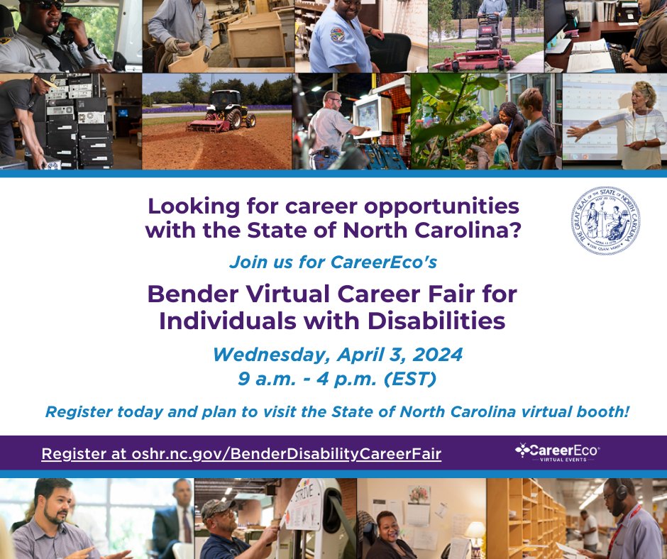 Visit the State of North Carolina's booth at @CareerEco's VIRTUAL Career Fair for Individuals with Disabilities on April 3. Take this opportunity to connect with recruiters and learn more about the benefits available to state employees! #Work4NC oshr.nc.gov/BenderDisabili…