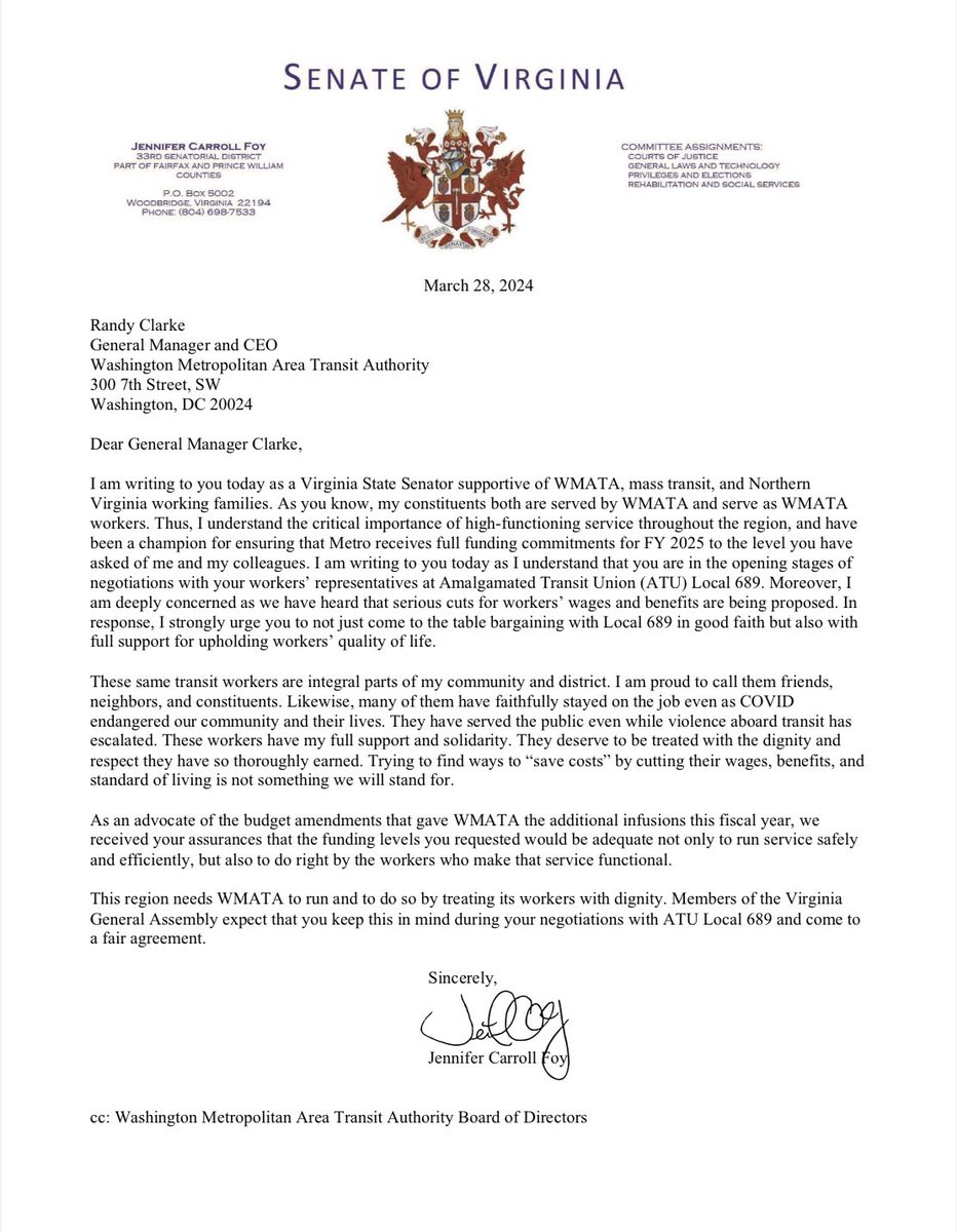 Dear @wmata, I STRONGLY urge you to not JUST come to the table bargaining with Local 689 in good faith, but also with FULL SUPPORT for upholding workers’ quality of life. I am proud to call transit workers, @ATULocal689, my friends, neighbors, and constituents. And I will…