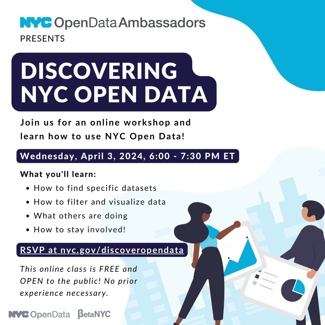 Discover and learn about the treasure trove that is #NYC #opendata with us and @NYCOfficeofTech's @NYCAnalytics! This class is FREE to all; no prior experience is necessary. When: Weds, Apr 3, at 6pm 📅 RSVP: nyc.gov/discoveropenda… 🥳 #dataviz #literacy #community #event