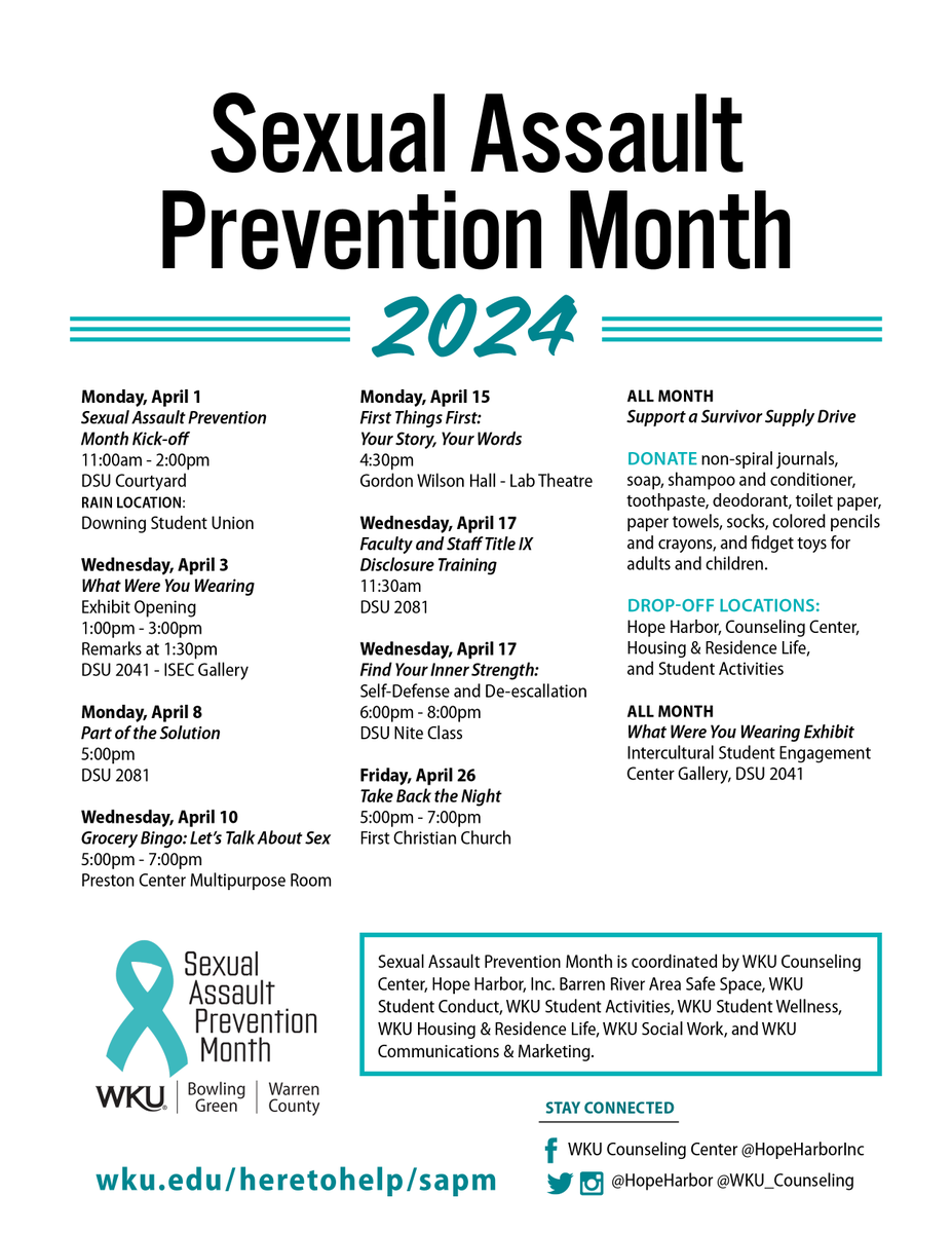 April marks the beginning of Sexual Assault Prevention Month, and the WKU campus community kicked off activities earlier today with tabling and resources from campus departments, student organizations, and local nonprofits. Join us throughout April for events including