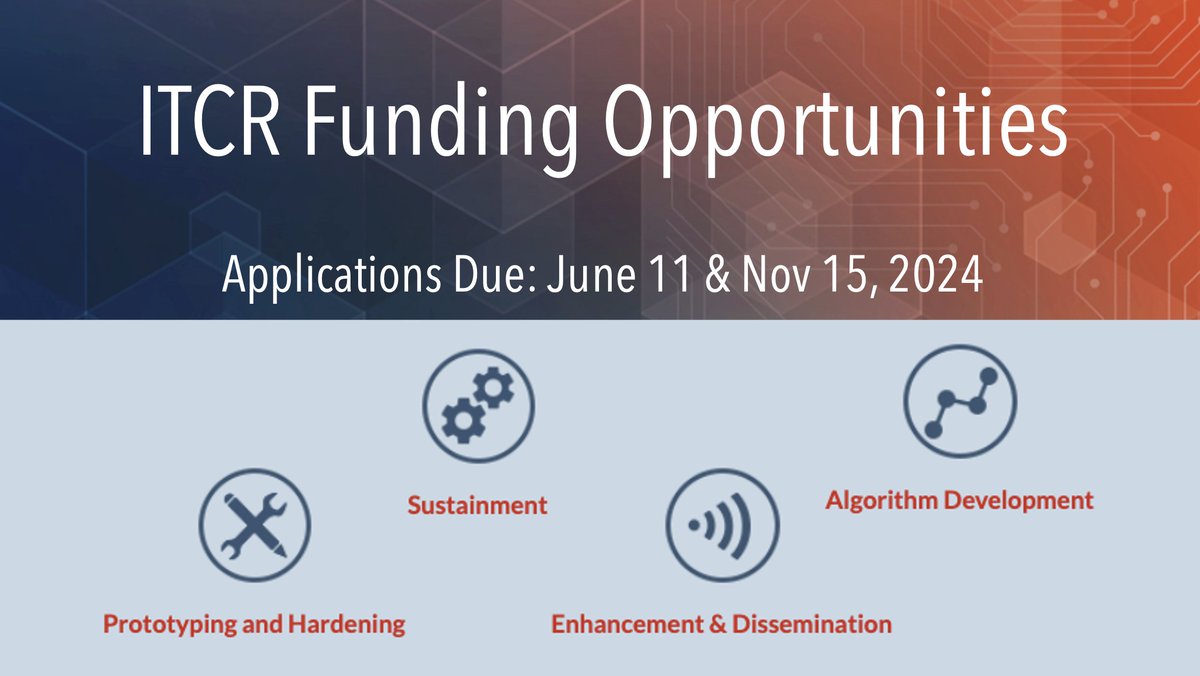 Applications for #NCIITCR are due in one month! These #funding opportunities support the development and sustainment of #bioinformatics algorithms, software, and resources for the collection, analysis, visualization, and management of #CancerResearch data. itcr.cancer.gov/funding-opport…