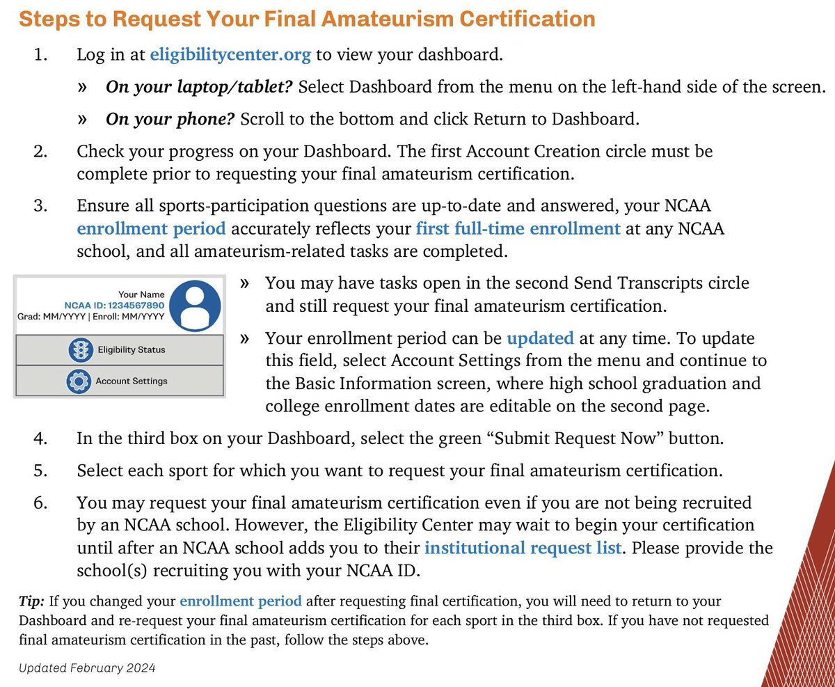 ⚠️TODAY IS APRIL 1⚠️

Fall 2024 Enrollees—it’s time to Request Final Amateurism Certification!

Please log into your NCAA Eligibility Center Account to request final amateurism certification today.

➡️ on.ncaa.com/EC

Check out the helpful guide below ⬇️