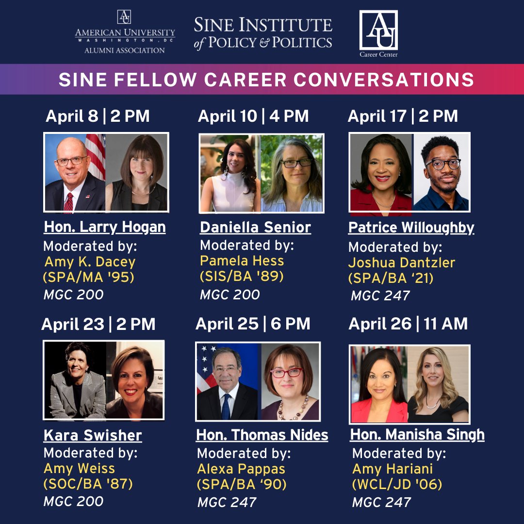 It's almost #SineCareerConvo season and we're thrilled to have each of our #2024SineFellows interviewed by a different AU alum throughout April. Register today for a great time and helpful advice about careers in your interest area. Cosponsored by @AmericanUAlum @AUCareerCenter
