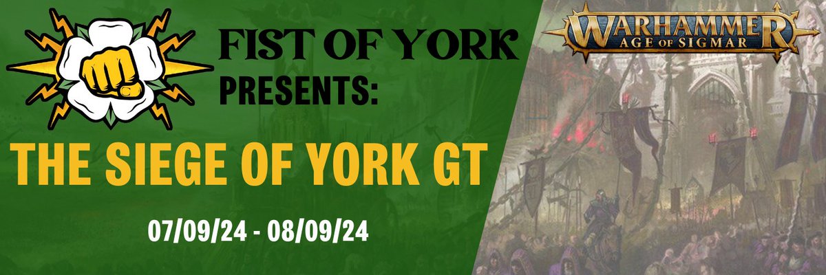 It's time! Tickets for #SiegeofYorkGT are up for grabs now! (Retweets eternally appreciated)

Grab you tickets over at FistofYork.org.uk.

<a href="/FistofYork/">Fist of York AOS</a> promises 2 days of siege themed AOS in the exciting new edition on  the 7th and 8th of September in the heart of York.