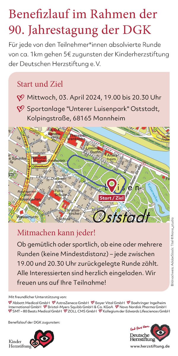 Wenn ihr Koffer packt für @DGK_org Mannheim, denkt an die Laufschuhe! 👟🏃 Mittwoch ab 19:00 Benefizlauf für ♥️kranke Kinder im Luisenpark! @YoungDgk @YoungDZHK @thiele_holger @Kardiophil @Hannah_Billig_ @Dominik_Linz @JBauersachsMD @TMuenzel @ProfessorHalle @luedike @kaschenke