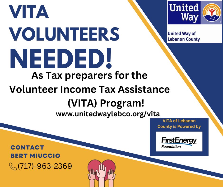 Volunteers Needed! The United Way of Lebanon County is looking for volunteers that are interested in helping with our Volunteer Income Tax Assistance program (VITA) for the 2024 tax season! We are hoping to expand the program to help more community members file their taxes!