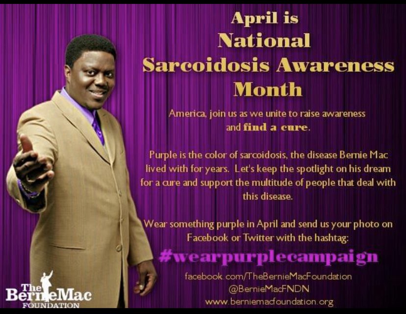 I don’t talk about it much but about 7 years ago I was diagnosed with autoimmune disease Sarcoidosis

Which is sadly what Comedian Bernie Mac died from 

April is Sarcoidosis Awareness Month, Purple was always my favorite color, now it means a little more
#wearpurple #sarcoidosis