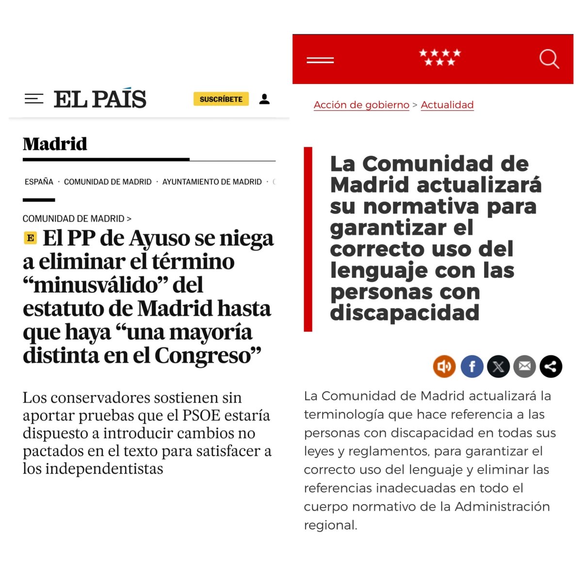 🤯 Nota de prensa de la Comunidad de Madrid de hace apenas una semana y titular de hoy en El País. 
🤔 ¿Llevará tantos años modificar la terminología en el Estatuto de Autonomía como le llevó a la Constitución? #personascondiscapacidad #derechos #dignidad