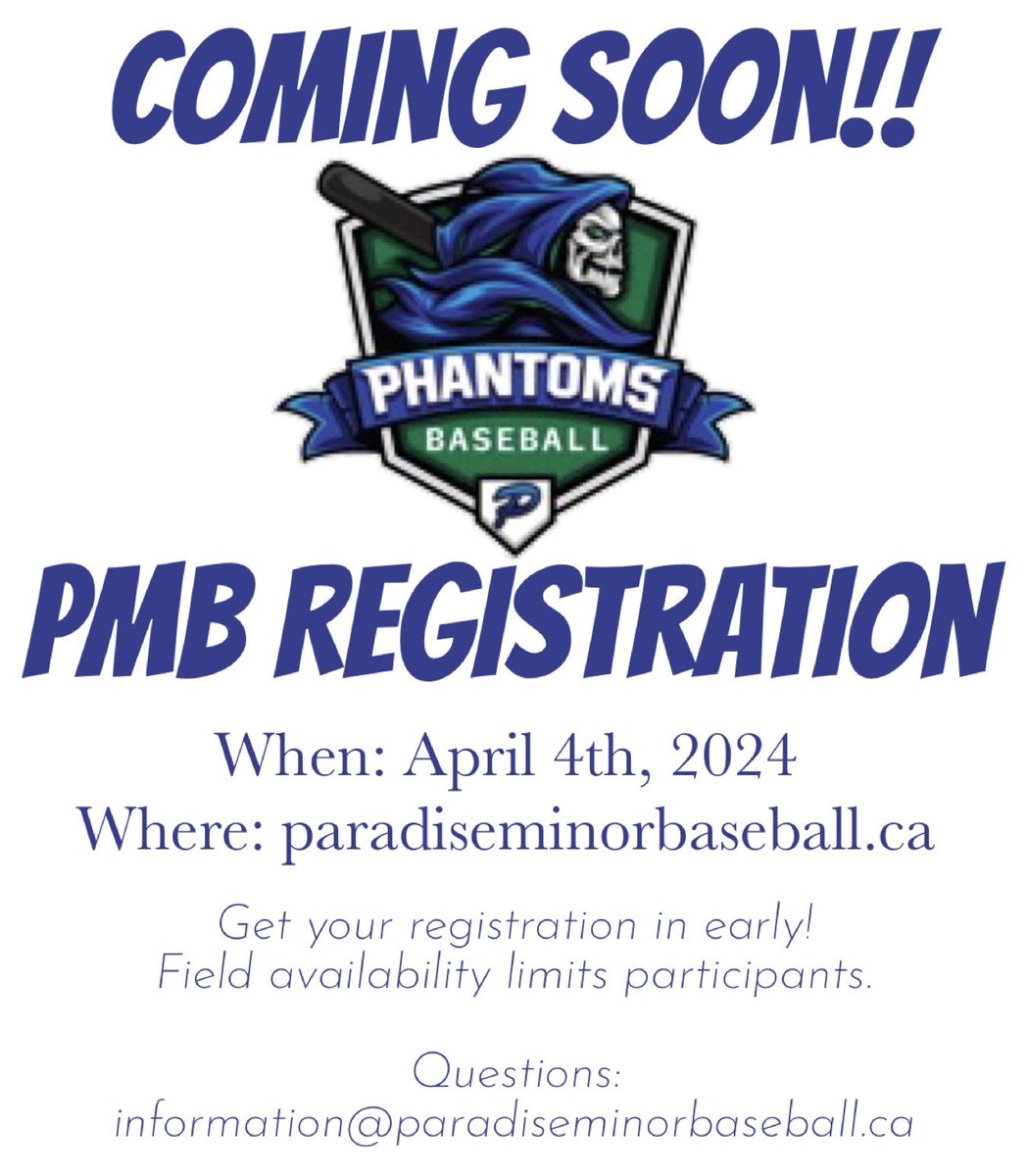 Paradise Minor Baseball registration will be open by Thursday, April 4th, so step up to the plate and secure your player’s spot! Please note that numbers are limited due to field availability, so don’t wait too long! Check out our website for all registration details on Thursday.