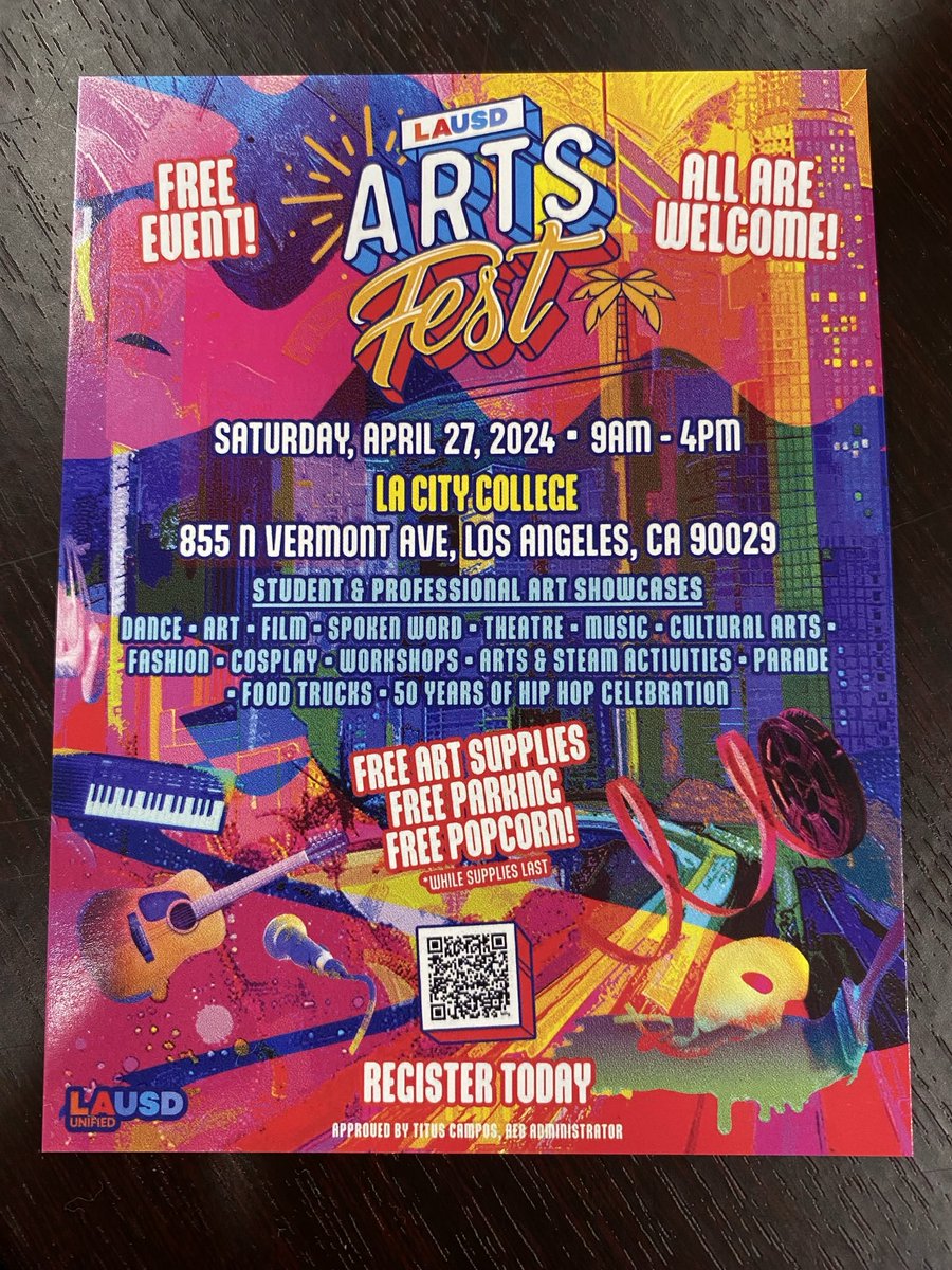 Join us on April 27 ⁦@LACityCollege⁩ for an artsy day of student performances, a fashion show, workshops, a visual arts gallery and so much more! #arts