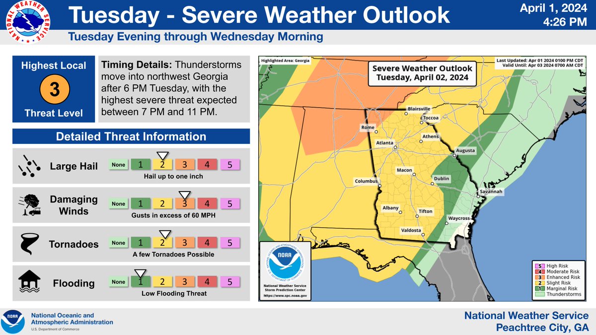 🧵Here's the latest concerning the severe weather potential Tuesday PM into Wednesday AM⬇️ ⏲️: Storms are slated to move into NW GA after 6PM Tuesday moving southeast into the I85 corridor between 11PM-2AM ⛈️🔁: Storm re-development is possible across Central GA early Wednesday