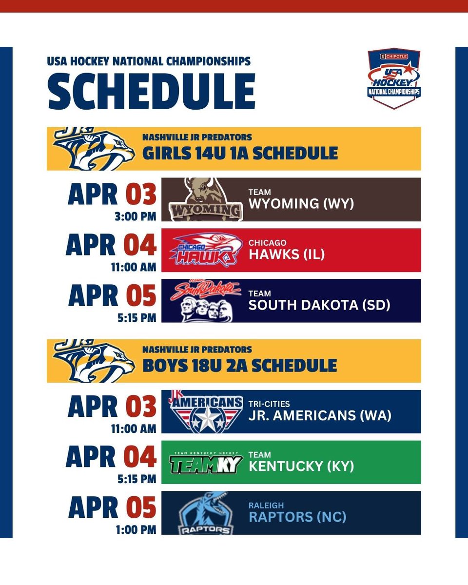 JrPredators's tweet image. 💡🎥🎬Let the games begin!!! With multiple squads heading out for nattys this week, we are so excited for our players to get the chance to show what they are made of on youth hockey’s biggest stage! #Together4Gold