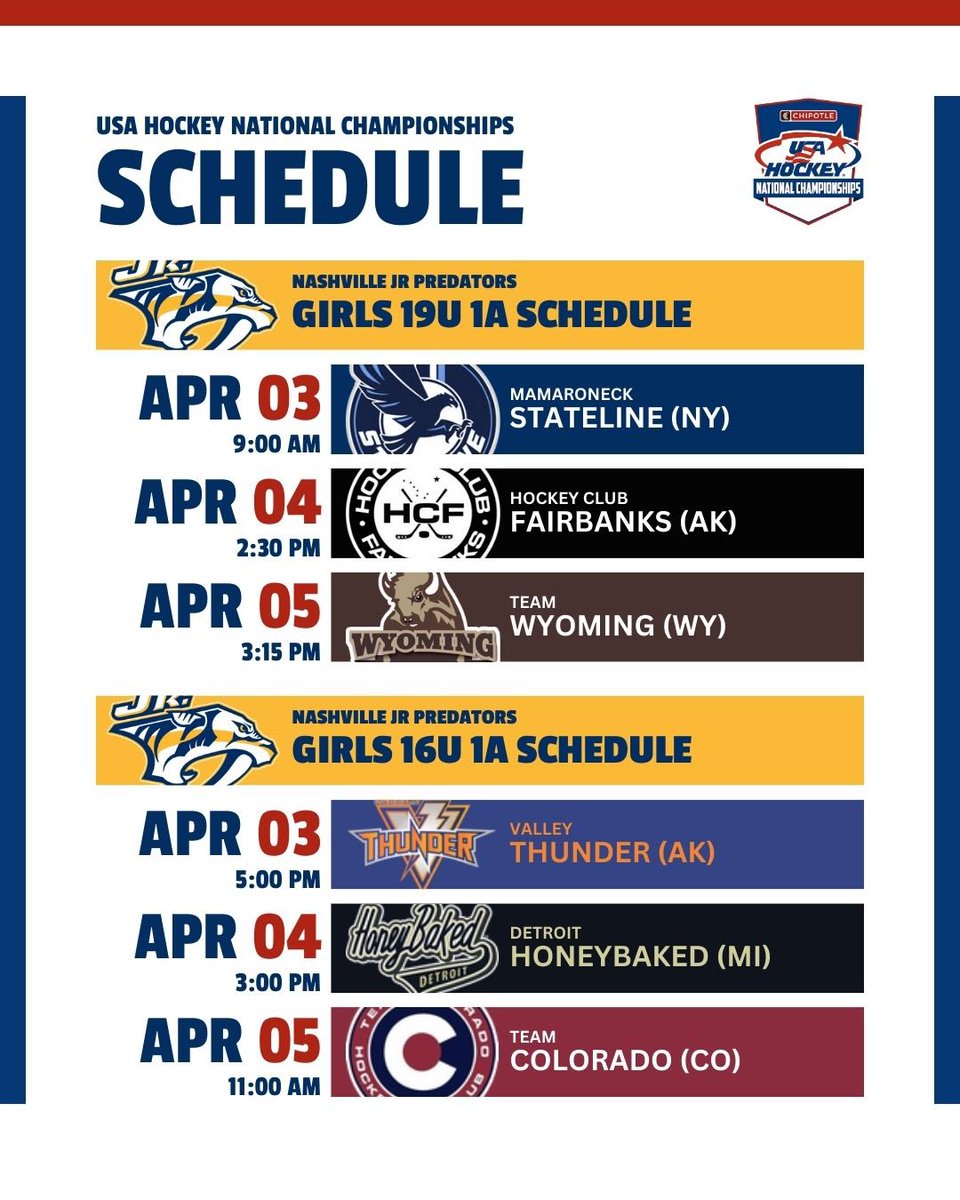 JrPredators's tweet image. 💡🎥🎬Let the games begin!!! With multiple squads heading out for nattys this week, we are so excited for our players to get the chance to show what they are made of on youth hockey’s biggest stage! #Together4Gold