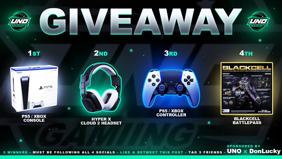 🎊Uno x <a href="/DonLuckyMx/">Luko😈☘</a> Giveaway🎊
To win you have to be on stream 
Twitch.tv/unogamiing April 20th

🎁 🎁🎁🎁4 winners 🎁🎁🎁🎁

1. Choice of ps5/xbox 

2. Astro A10

3. Ps5/xbox controller

4. Black cell pass 

To be eligible to win this giveaway you must do the following ⬇️⬇️