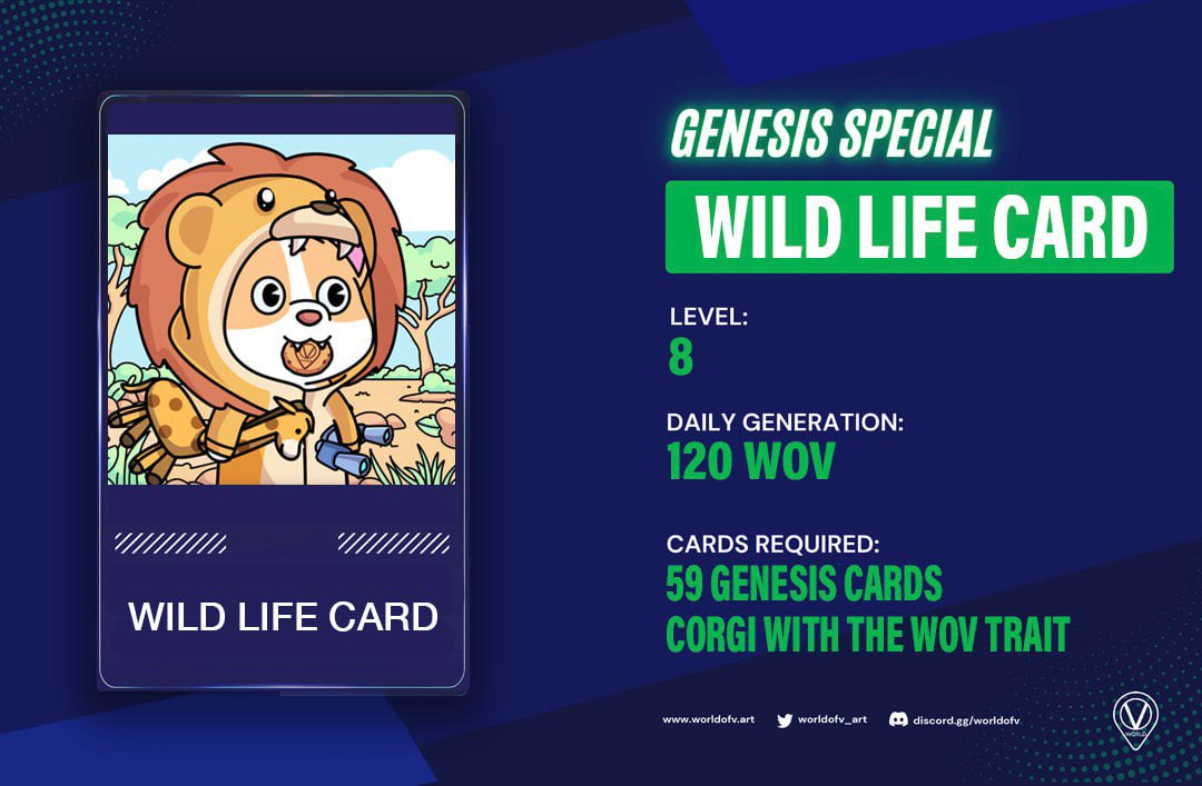 Get ready for an epic adventure, WoV fam! 🐾🗺️ We're thrilled to announce the new @GenesisWoV Special Card: Wild Life, a level 8 card born from the collaboration with the talented @VeCorgi 🐶 Inspired by the animal kingdom, this special card celebrates the beauty and wonder of