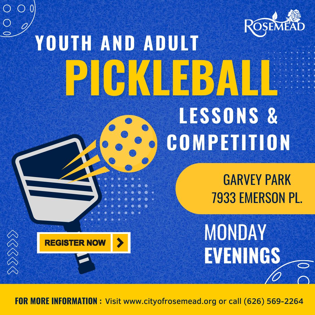 🎾🌟 Calling all pickleball enthusiasts! Ready to take your skills to the next level? Join us at Garvey Park for fun lessons and friendly competition. Sign up now at ow.ly/w93M50QYNy8 or call (626) 569-2264! #Pickleball #GarveyPark #RosemeadREC #CityofRosemead