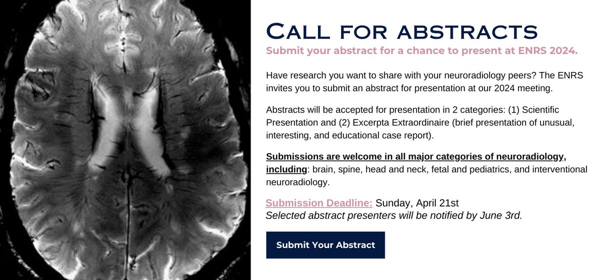 We're still accepting abstracts for #ENRS2024! Submit yours today for a chance to present in Georgetown this August tinyurl.com/2utc876n Calling all trainees📢Did you know you can also show off your unusual/educational cases via an Excerpta Extraordinaire? 😱 #neuro #radres