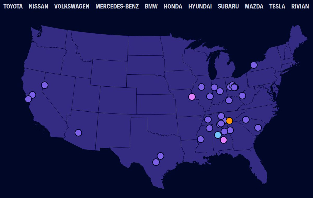 The @UAW is in the middle of the biggest union push in recent memory. They're trying to organize non-union automakers, and the 150,000 workers they employ. Take a look at where the organizing is happening! Link: perfectunion.us/uaw-map/