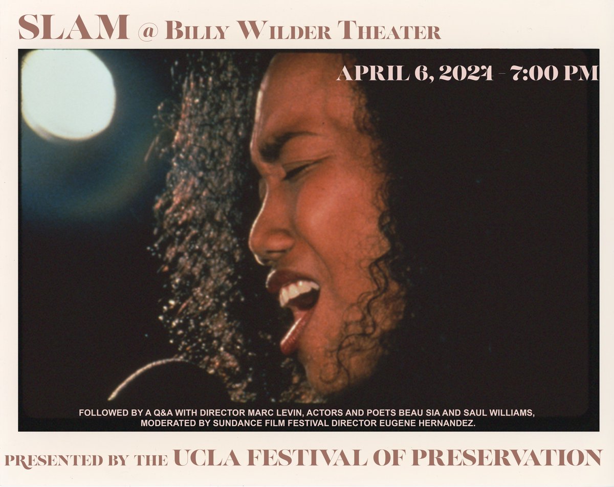 FREE SLAM SCREENING IN LA! Please join us on April 6th @ 7:00 pm for SLAM @ Billy Wilder Theater. Admission is free; no reservations. Seats are first-come, first-served. Followed by a Q&A with Marc Levin, Saul Williams & Beau Sia - moderated by @sundancefest Eugene Hernandez.