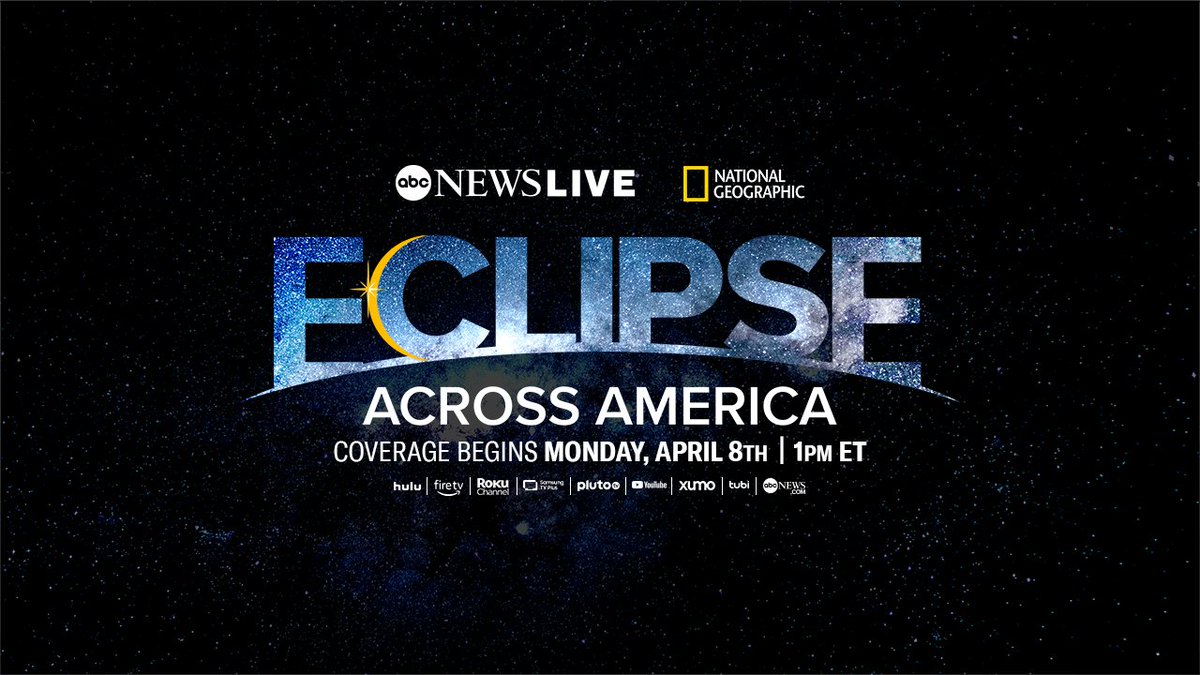 We are just one week away from #EclipseAcrossAmerica, an unprecedented live event broadcasting the rare total eclipse. It's an event you don't want to miss. Watch on @ABCNewsLive @ABCNetwork, @NatGeoTV, @natgeowild, @DisneyPlus and @Hulu beginning at 1PM ET next Monday, April 8.