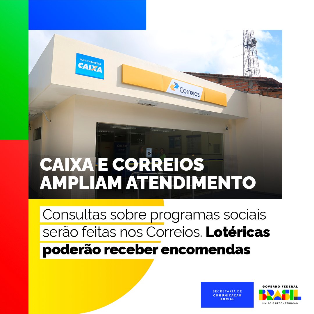 A @Caixa e os @correiosBR anunciaram que vão compartilhar suas redes de atendimento para aumentar o acesso da população a serviços relacionados a PIS, Seguro Desemprego, FGTS e Bolsa Família.