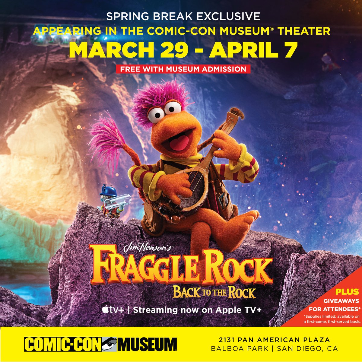 Adventures await the Fraggles! Let’s start the adventure together. Join us for episodes 1 & 2 of #FraggleRock: Back to the Rock, Season 2, on @AppleTV in the theater this week at 11a, 1p & 3p daily (sched subj to change). Free w/ Museum admission. 🎟️: comic-con.org/museum.