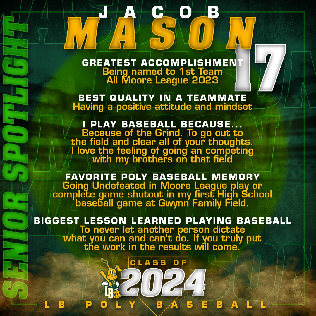 As these guys lace it up for their final season we wanted to give them a little extra well deserved attention:         

Senior Spotlight - Jacob Mason  

Please join us in honoring our Seniors at Gwynn Field April 8th before our game against Costa Mesa

#longbeachpoly