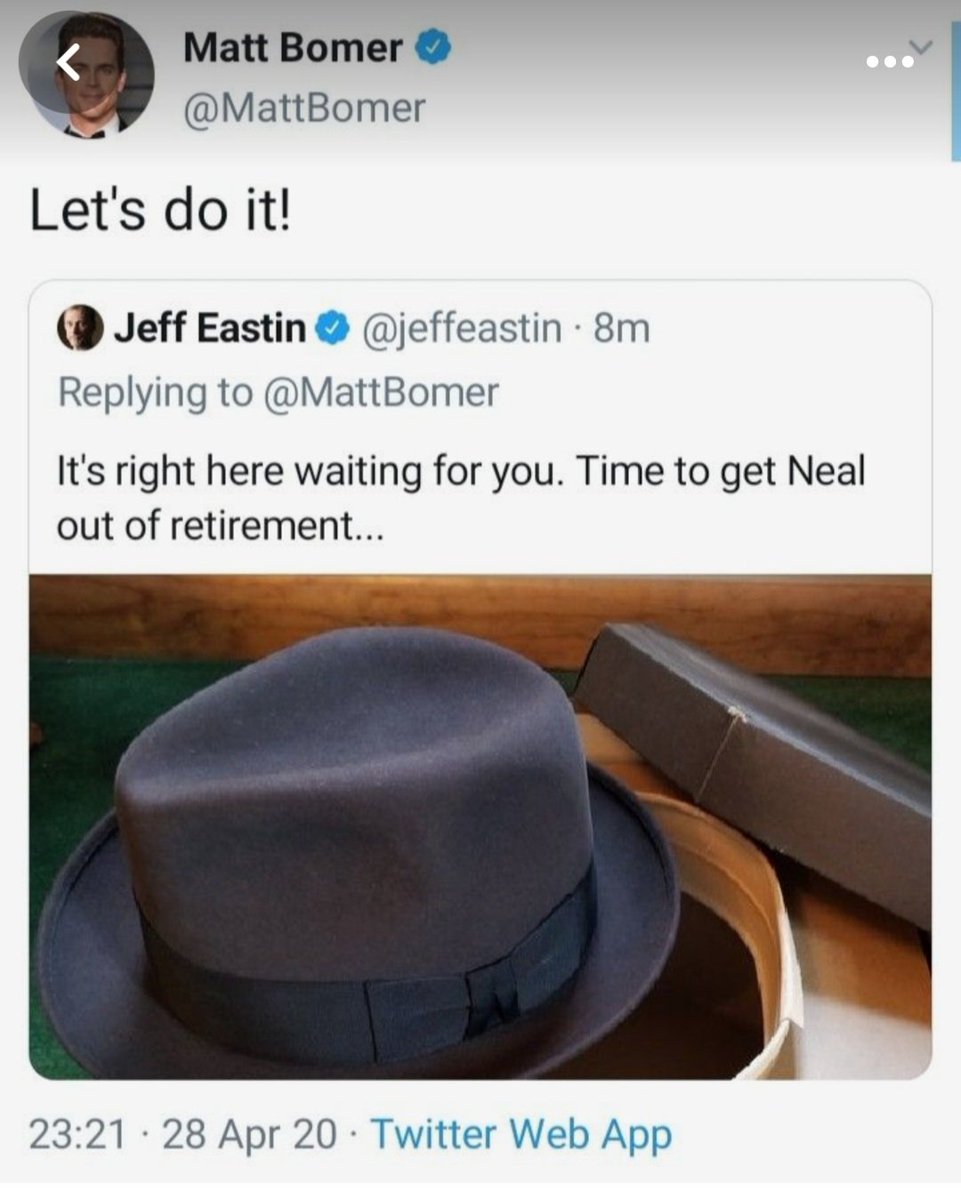 <a href="/jeffeastin/">Jeff Eastin</a> <a href="/netflix/">Netflix</a> Remember this post <a href="/MattBomer/">Matt Bomer</a> <a href="/jeffeastin/">Jeff Eastin</a> ? Nearly 4 years ago.
Let's make it happen now.
 Please!!!!! 🙏🙏🙏 
#WhiteCollar #MattBomer 
#BringBackWhiteCollar