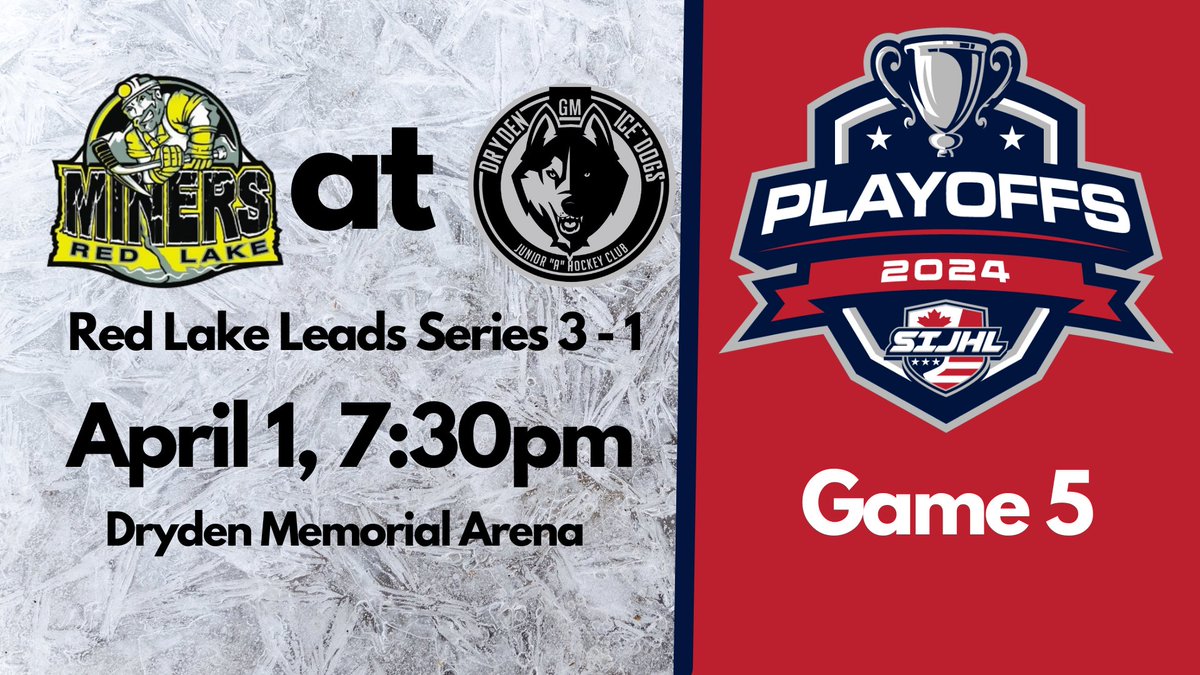 One game on tap tonight. One series left to be decided. @RedLakeMiners visits @DrydenGMIceDogs. Game 5, 7:30pm. Dryden Memorial Arena. Red Lake leads best-of-7 series three games to one.