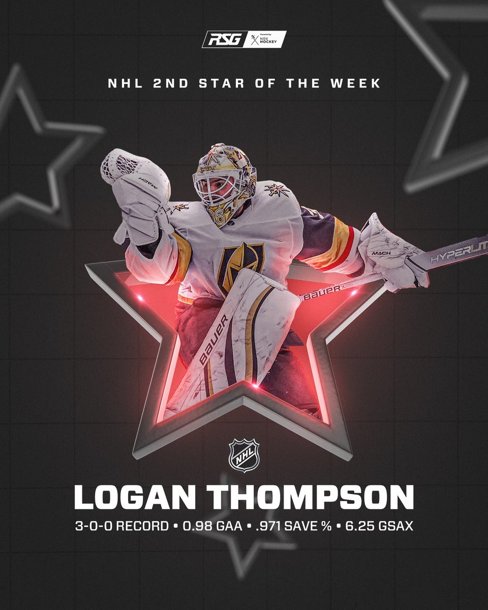 rsghockey's tweet image. Congrats to Logan Thompson on being named NHL’s 2nd star of the week!

#RSGHockey #NRXHockey #VegasBorn