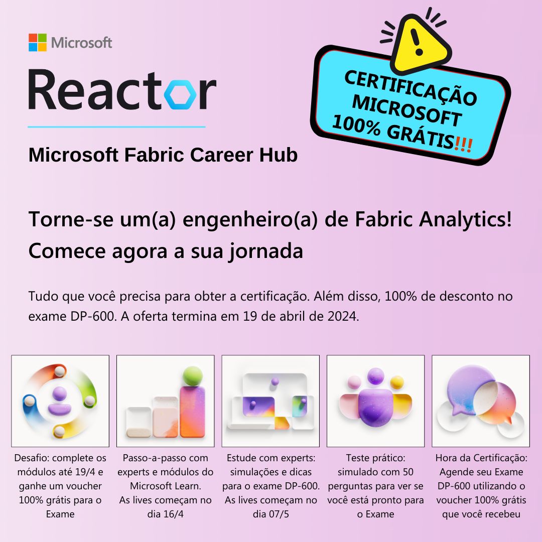 🚨CERTIFICAÇÃO DA MICROSOFT💯% GRÁTIS
Fabric Analytics Engineer Associate DP-600

🌐Career Hub
community.fabric.microsoft.com/t5/custom/page…

P/ estudar:
🌐MS Fabric
microsoft.com/microsoft-fabr…

🌐Série do #ReactorSaoPaulo
aka.ms/SerieMicrosoft…

#Azure #Data #Databricks #DataFactory #MSFabric #Carreira