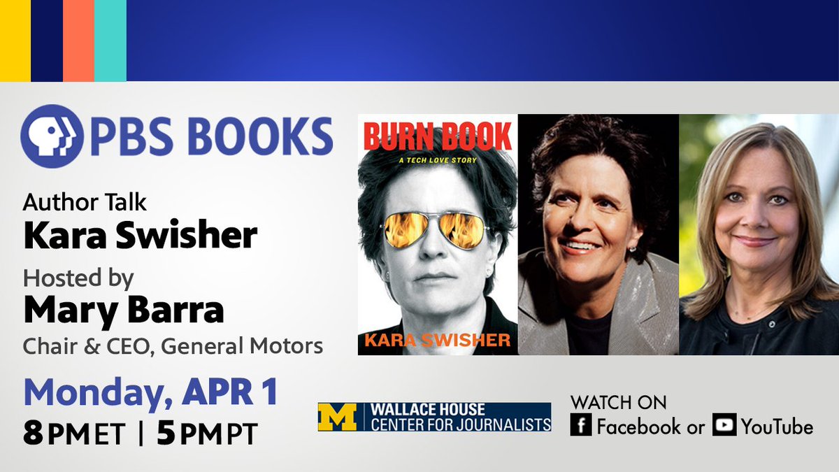Watch TONIGHT at 8 PM ET as we present a special evening with best-selling author, @karaswisher, and General Motors Chair and CEO @mtbarra. This author talk is being presented by the University of Michigan’s @UMWallaceHouse and the @fordschool.